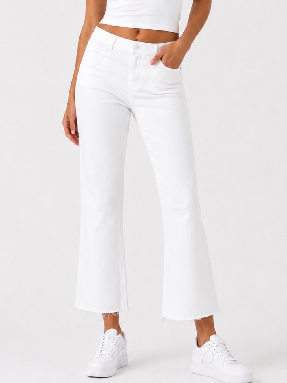 367. SPANX White Cropped Flare Stretch Pants with Distressed Hem